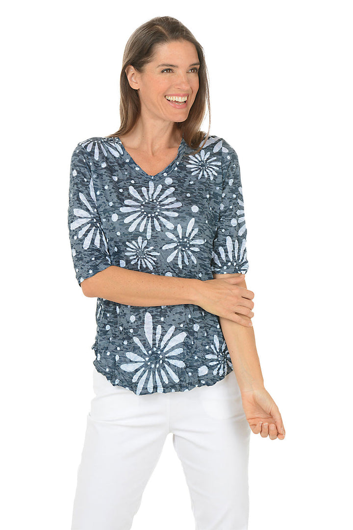 EVANGELINE HALF SLEEVE INDIGO DAISY PRINT TOP