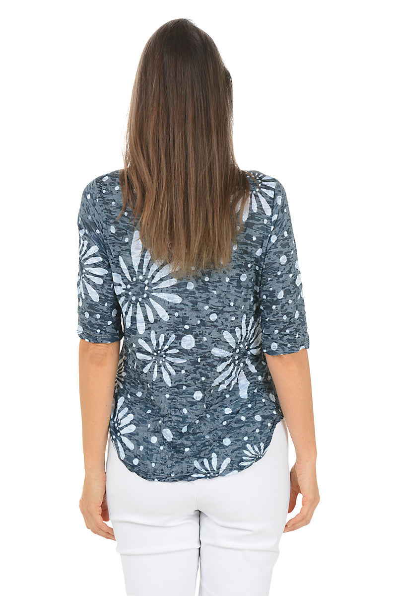 EVANGELINE HALF SLEEVE INDIGO DAISY PRINT TOP