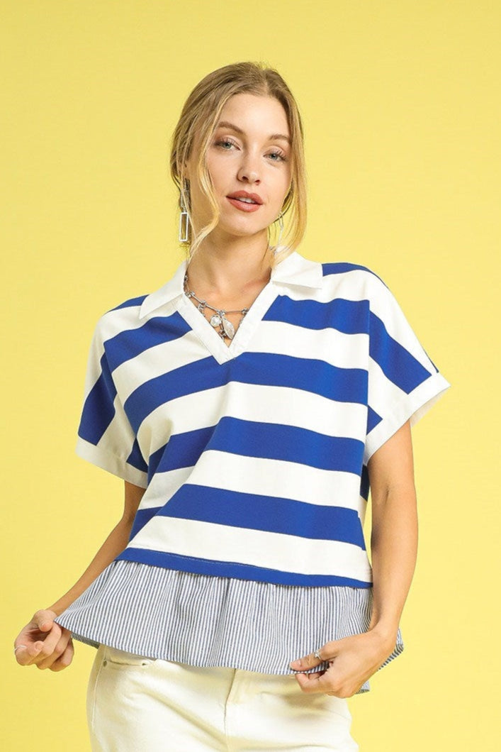 CHIC ROYAL CONTRAST STRIPE COLLARD TOP