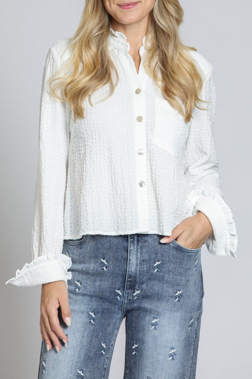 WHITE RUFFLE DETAIL SHIRT
