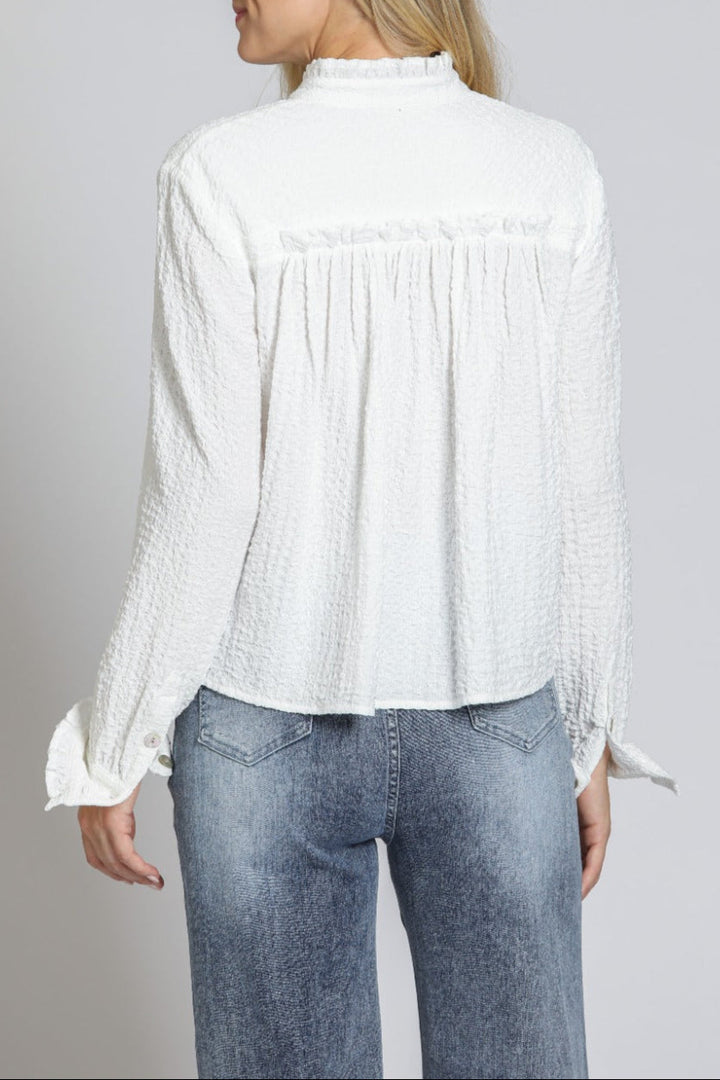 WHITE RUFFLE DETAIL SHIRT