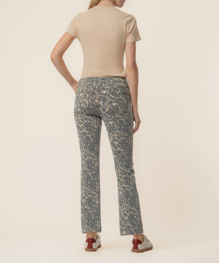 KELSEY LEOPARD PRINT HIGH RISE FLARE WITH RAW HEM JEANS