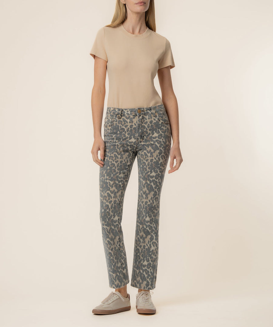 KELSEY LEOPARD PRINT HIGH RISE FLARE WITH RAW HEM JEANS
