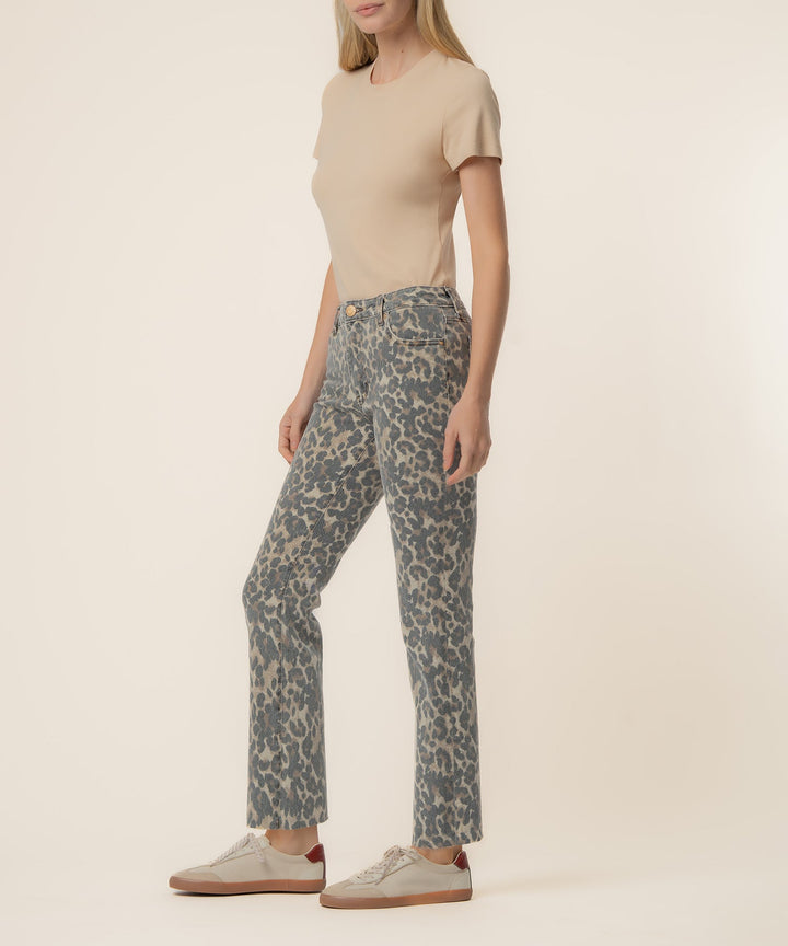 KELSEY LEOPARD PRINT HIGH RISE FLARE WITH RAW HEM JEANS