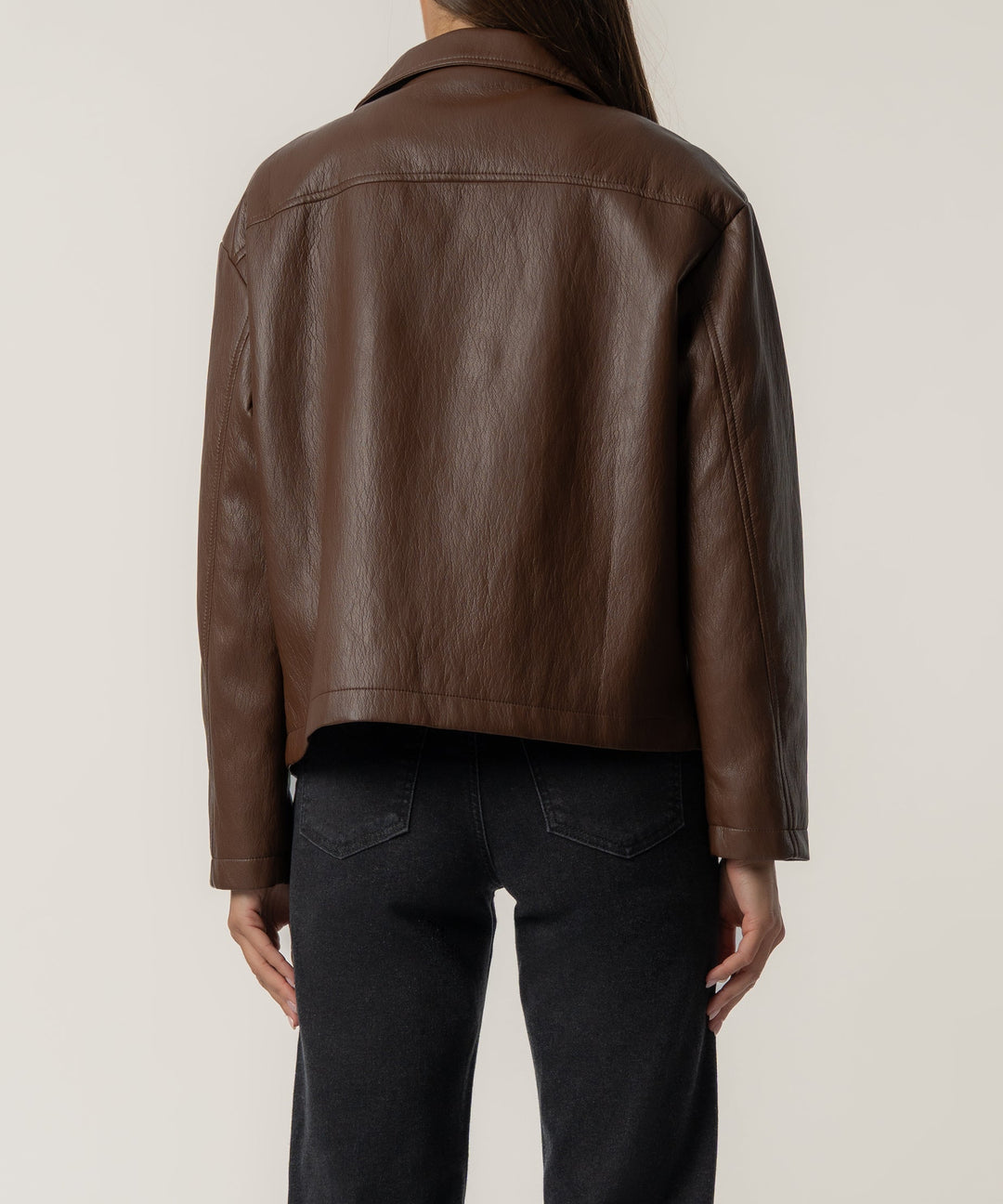 WREN CHOCOLATE DROP SHOULDER PU LEATHER HIGH COLLAR JACKET