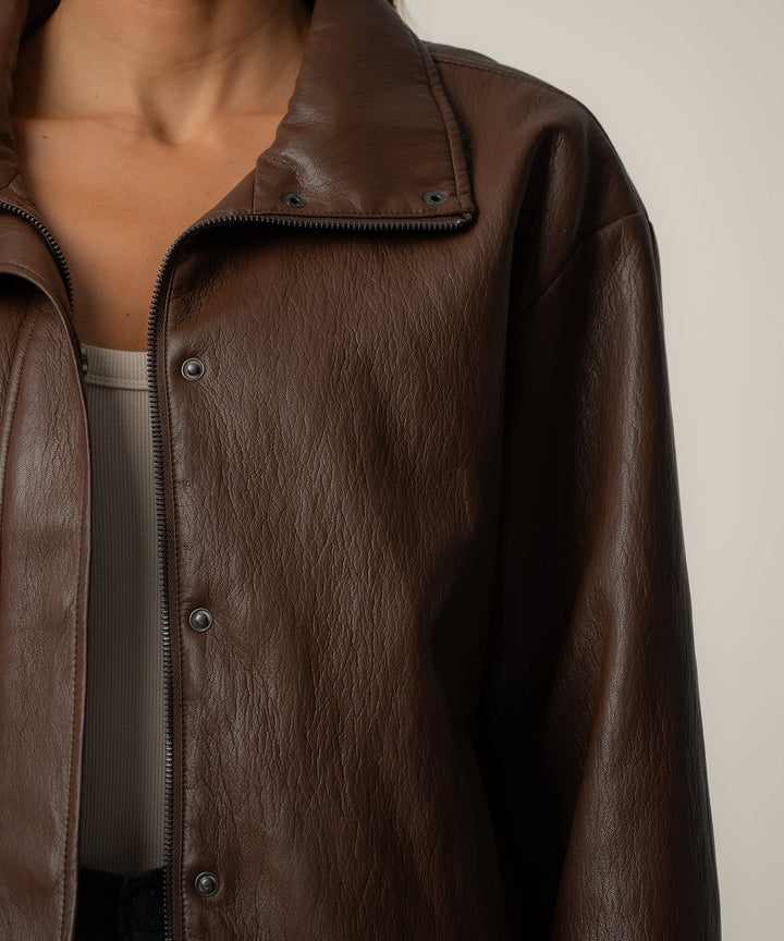 WREN CHOCOLATE DROP SHOULDER PU LEATHER HIGH COLLAR JACKET