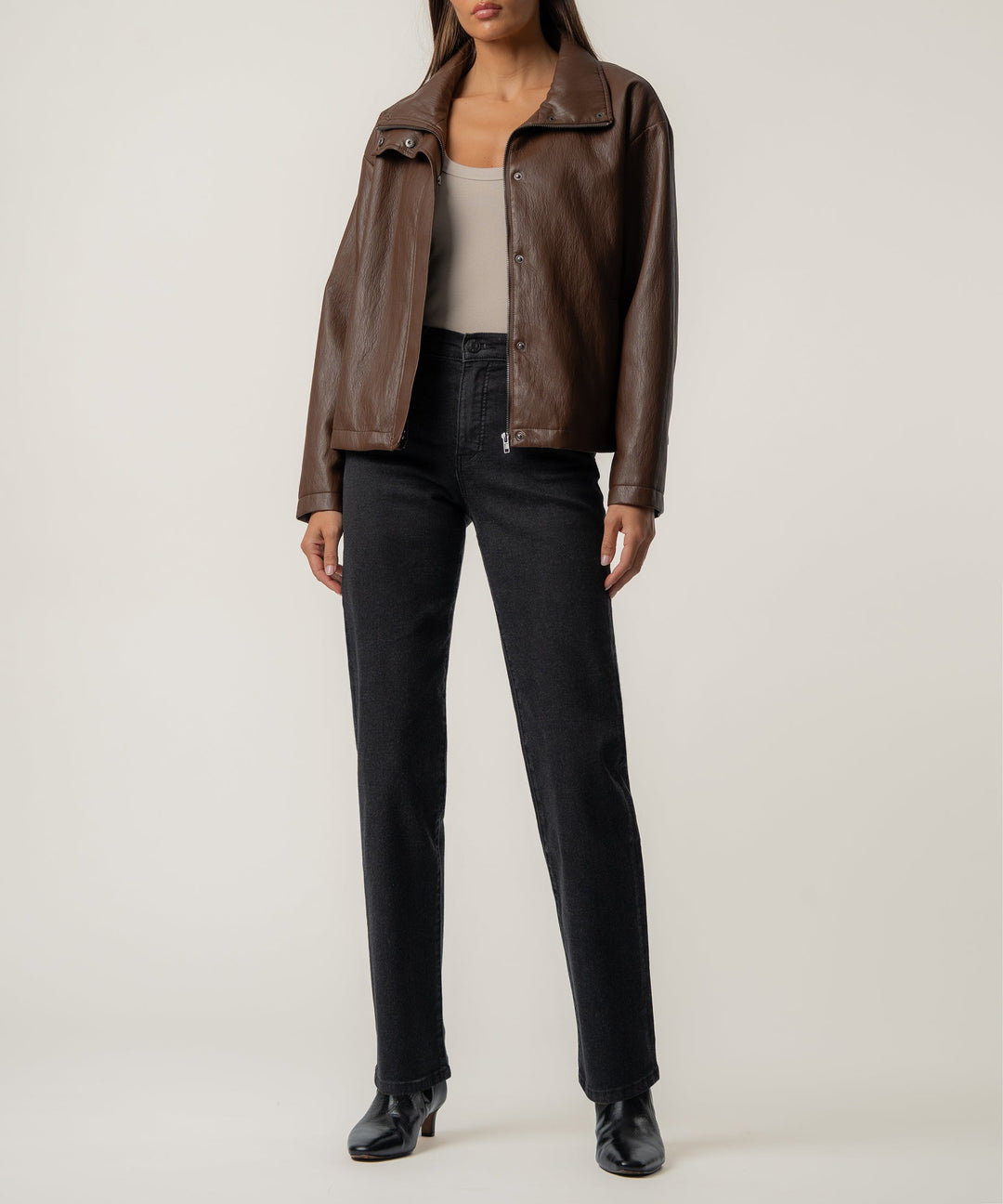 WREN CHOCOLATE DROP SHOULDER PU LEATHER HIGH COLLAR JACKET