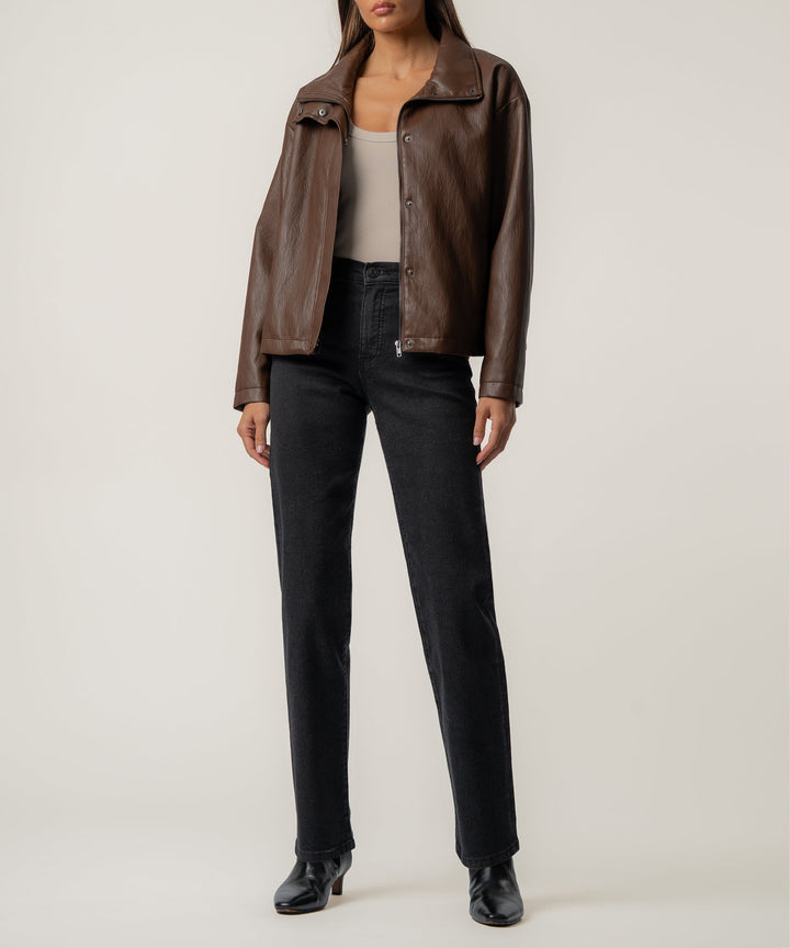 WREN CHOCOLATE DROP SHOULDER PU LEATHER HIGH COLLAR JACKET