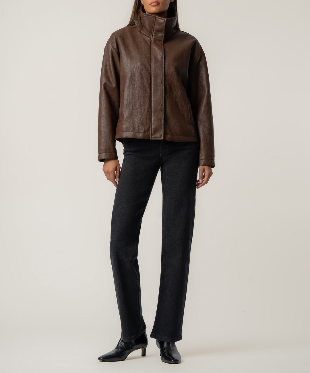 WREN CHOCOLATE DROP SHOULDER PU LEATHER HIGH COLLAR JACKET