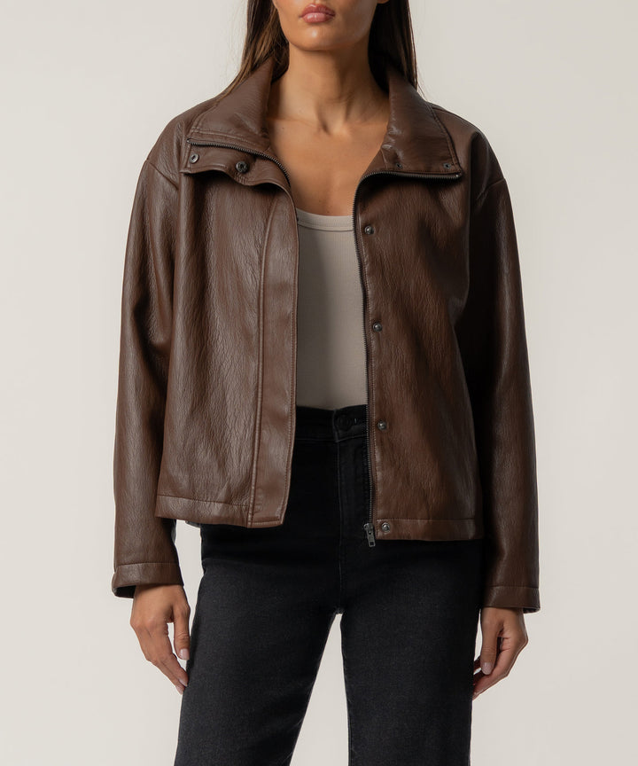 WREN CHOCOLATE DROP SHOULDER PU LEATHER HIGH COLLAR JACKET