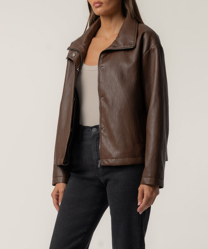 WREN CHOCOLATE DROP SHOULDER PU LEATHER HIGH COLLAR JACKET