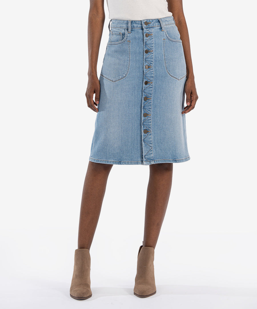 ROSE BUTTON FRONT SKIRT IN DEBATE WASH
