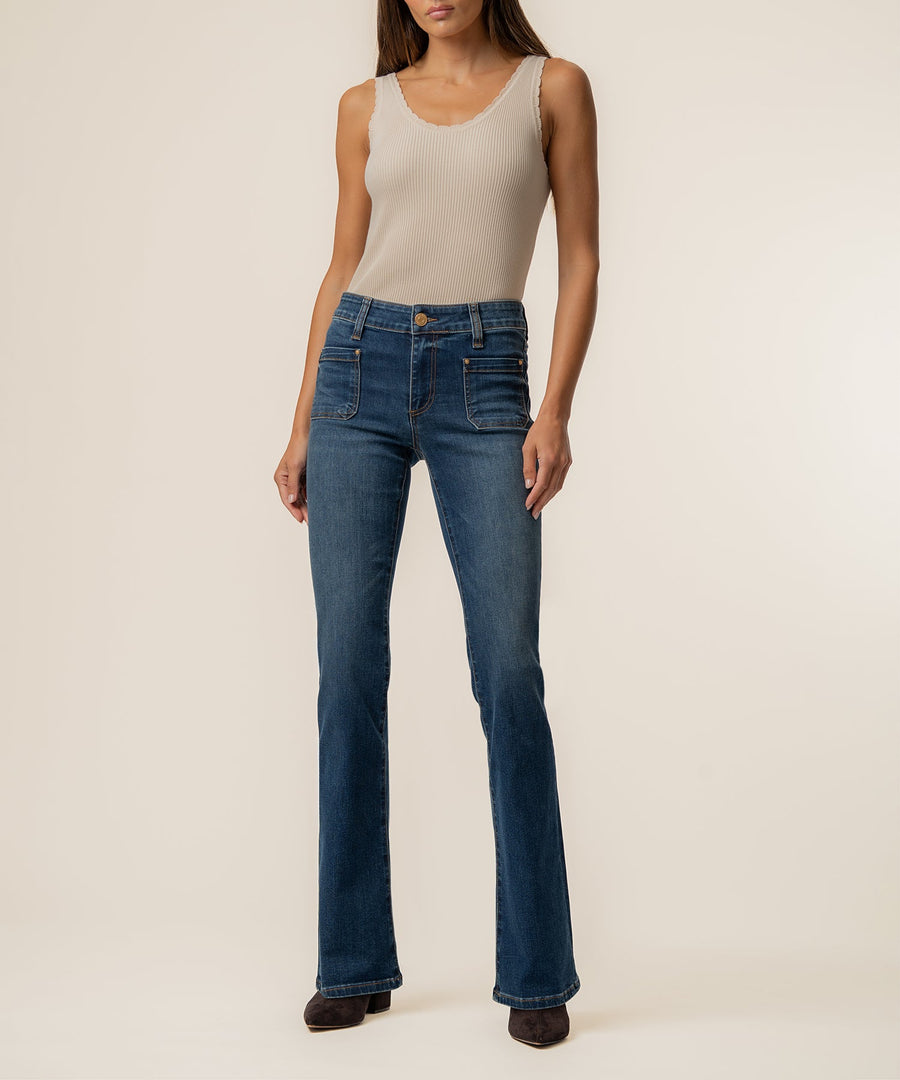 NATALIE CHAMP WASH MID RISE FLARE LEG JEANS
