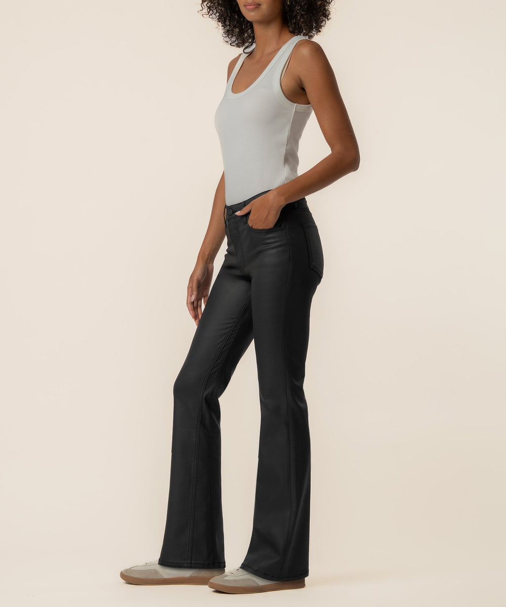 KELLY BLACK COATED HIGH RISE FLARE LEG JEANS
