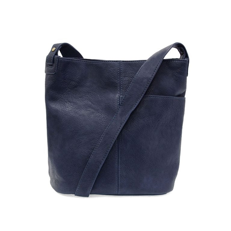 NAVY BINDI FRONT SLIP POCKET BUCKET CROSSBODY BAG
