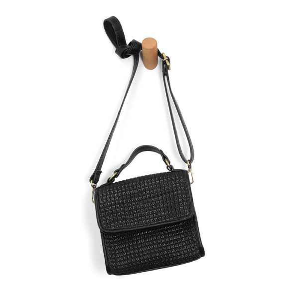 BLACK FREYA TOP HANDLE FLAP CROSSBODY BRAIDED BAG
