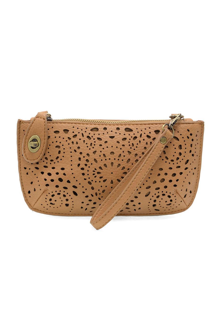 TAN LAZER CUT EYELET MINI WRISTLET CROSSBODY CLUTCH