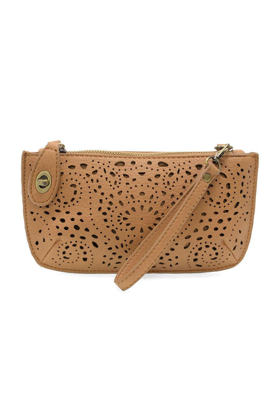 TAN LAZER CUT EYELET MINI WRISTLET CROSSBODY CLUTCH
