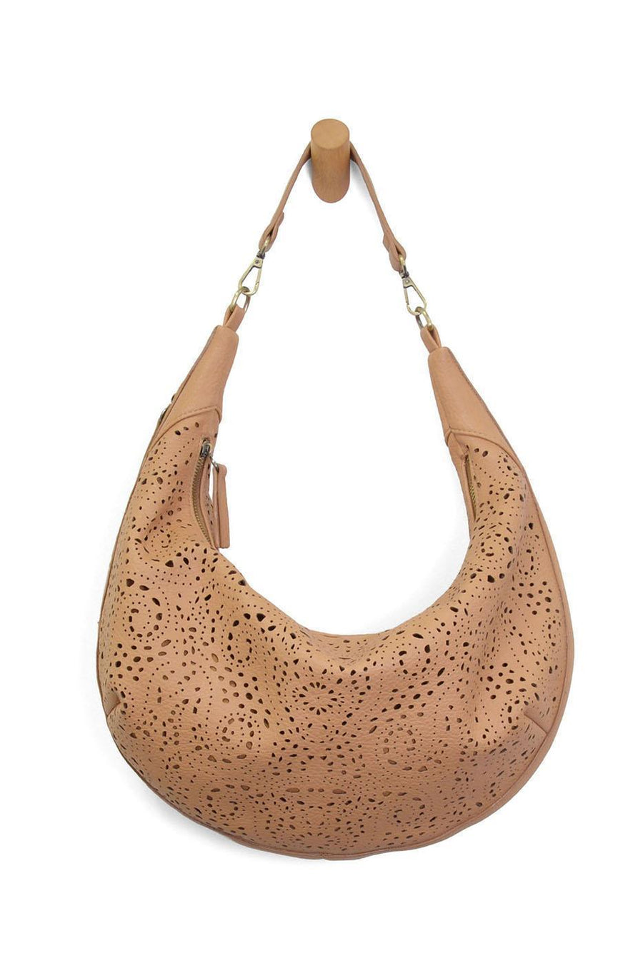 REAH TAN LAZER CUT EYELET SLOUCHY CRESCENT BAG
