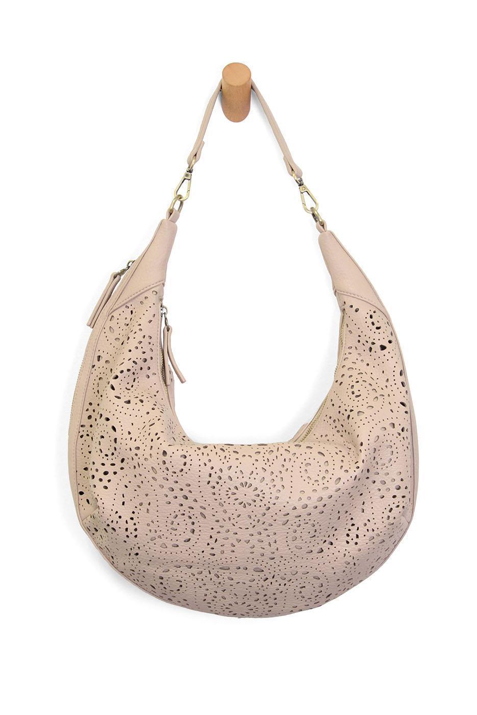 REAH TAUPE LAZER CUT EYELET SLOUCHY CRESCENT BAG