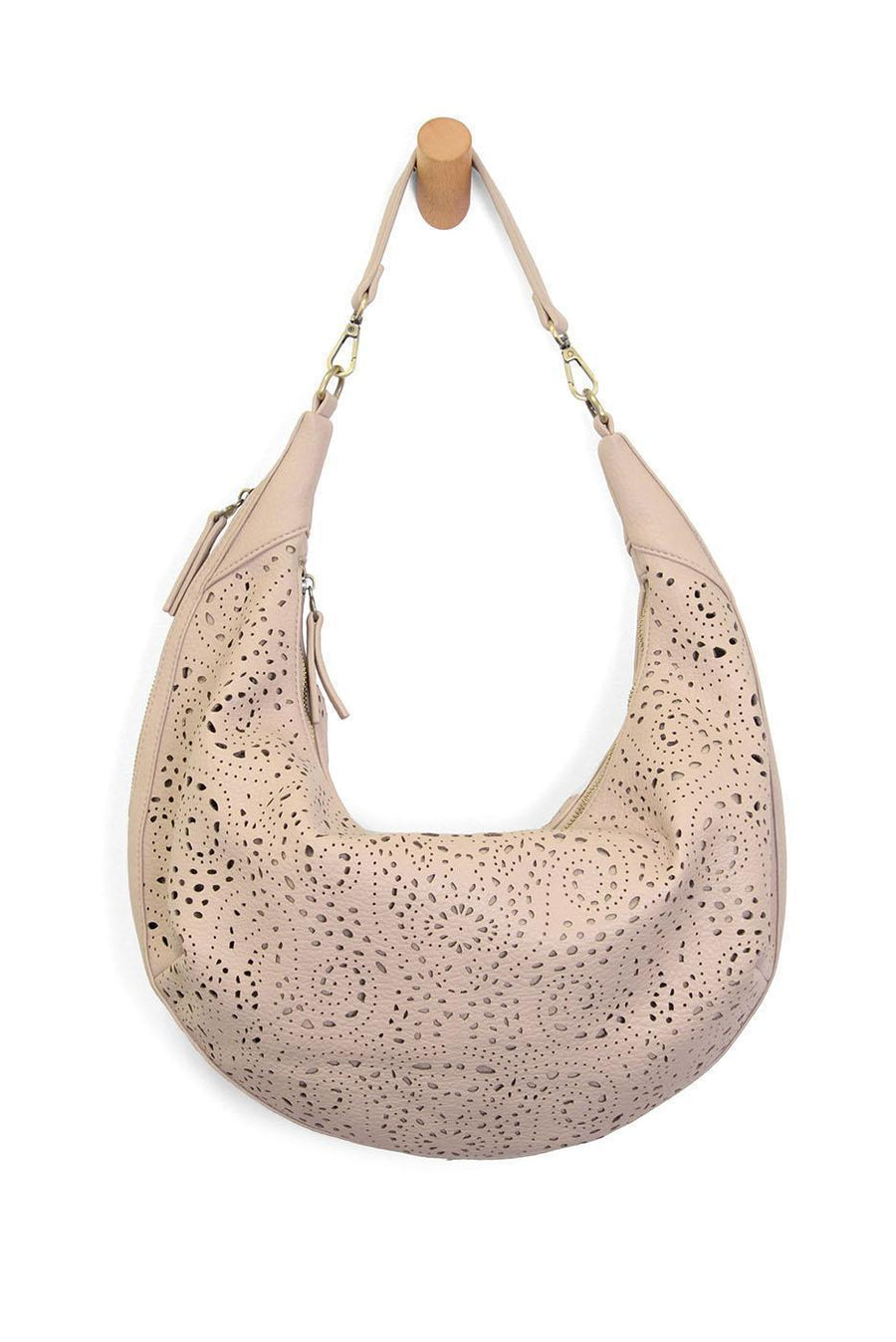 REAH TAUPE LAZER CUT EYELET SLOUCHY CRESCENT BAG
