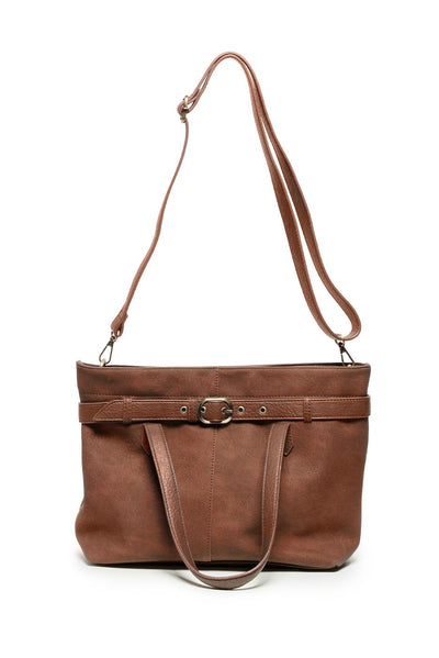 GENEVA TOFFEE SUEDED BELTED TOTE CROSSBODY BAG