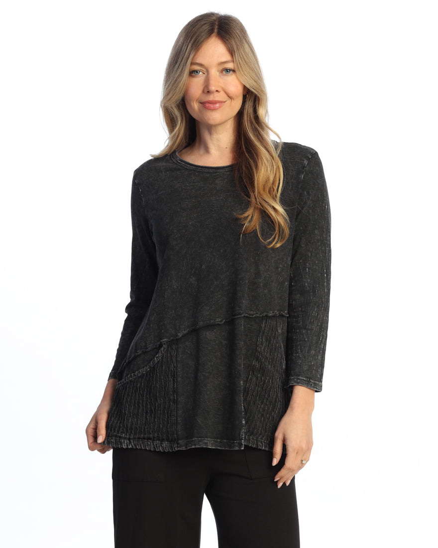BLACK MINERAL WASHED COTTON TUNIC TOP W/ WAVY JERSEY PATCH POCKETS
