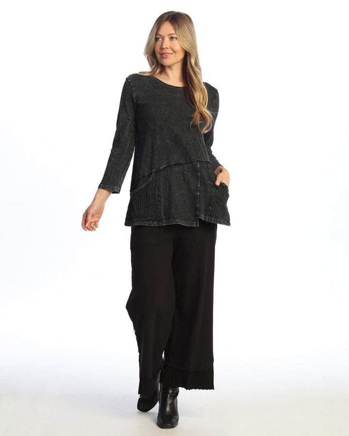 BLACK MINERAL WASHED COTTON TUNIC TOP W/ WAVY JERSEY PATCH POCKETS