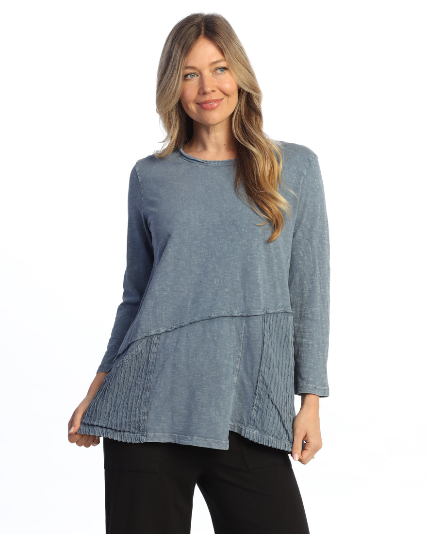 VINTAGE DENIM MINERAL WASHED COTTON TUNIC TOP W/ WAVY JERSEY PATCH POCKETS
