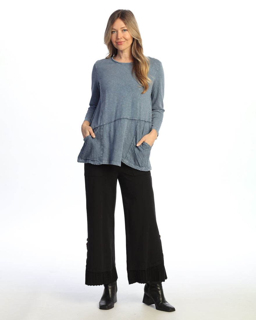 VINTAGE DENIM MINERAL WASHED COTTON TUNIC TOP W/ WAVY JERSEY PATCH POCKETS
