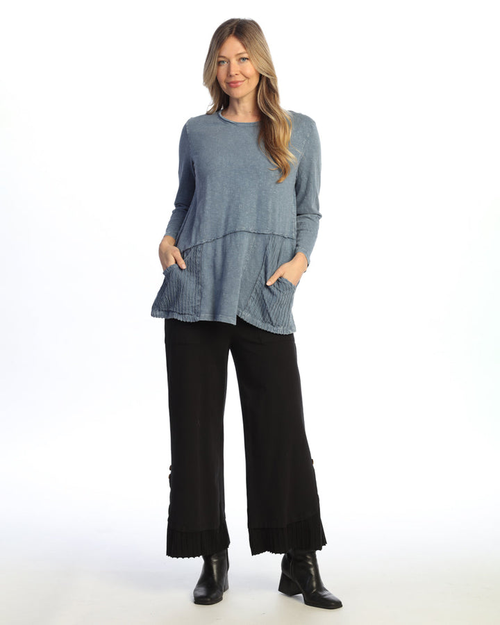 VINTAGE DENIM MINERAL WASHED COTTON TUNIC TOP W/ WAVY JERSEY PATCH POCKETS