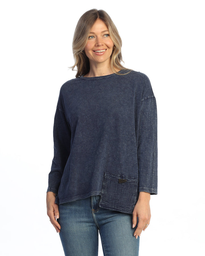DENIM MINERAL WASHED TUNIC TOP WITH GAUZE CONTRAST POCKET