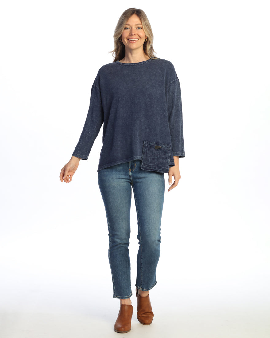 DENIM MINERAL WASHED TUNIC TOP WITH GAUZE CONTRAST POCKET
