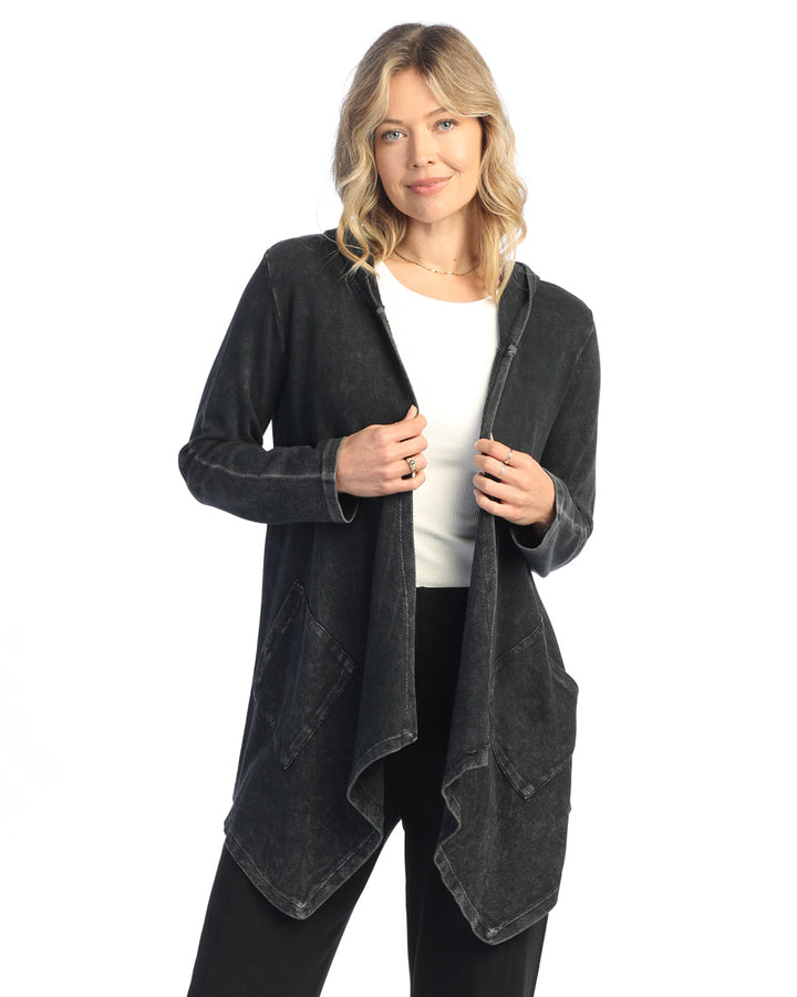 BLACK CASCADING THERMAL CARDIGAN W/ PATCH POCKETS AND HOOD