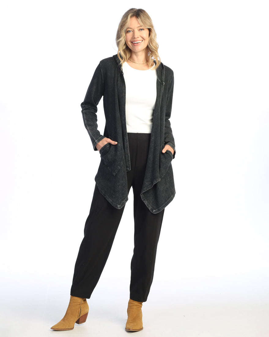 BLACK CASCADING THERMAL CARDIGAN W/ PATCH POCKETS AND HOOD