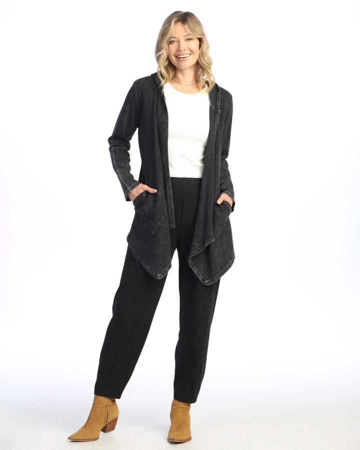 BLACK CASCADING THERMAL CARDIGAN W/ PATCH POCKETS AND HOOD