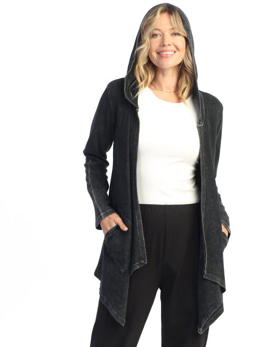 BLACK CASCADING THERMAL CARDIGAN W/ PATCH POCKETS AND HOOD
