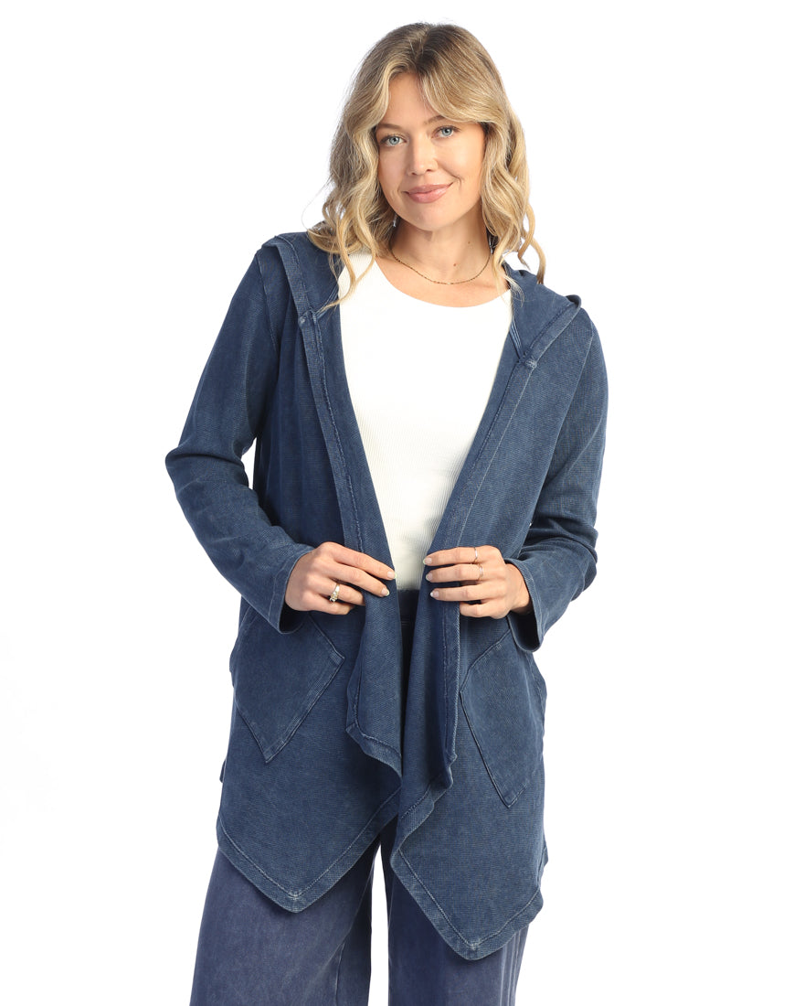 DENIM CASCADING THERMAL KNIT CARDIGAN W/ PATCH POCKETS AND HOOD
