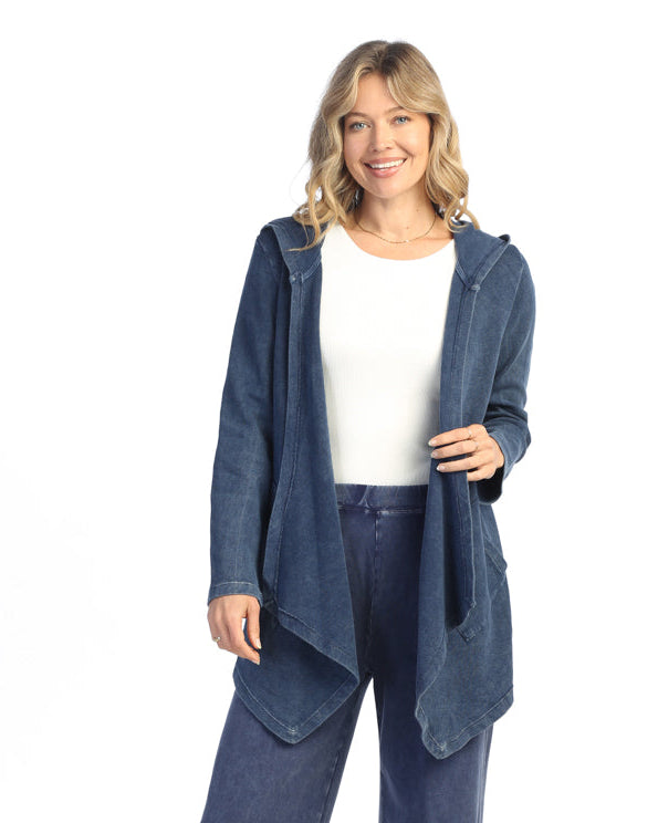 DENIM CASCADING THERMAL KNIT CARDIGAN W/ PATCH POCKETS AND HOOD