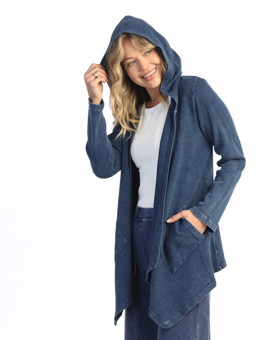 DENIM CASCADING THERMAL KNIT CARDIGAN W/ PATCH POCKETS AND HOOD