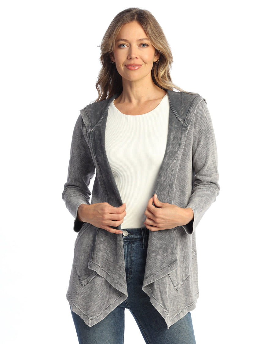 MID GREY CASCADING THERMAL CARDIGAN W/ PATCH POCKETS AND HOOD
