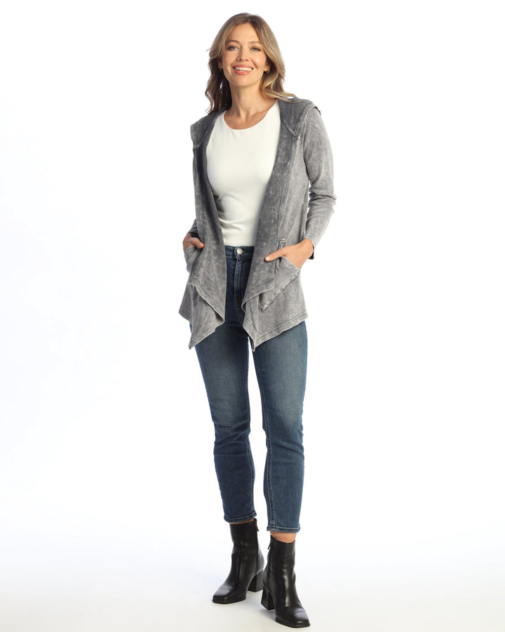MID GREY CASCADING THERMAL CARDIGAN W/ PATCH POCKETS AND HOOD