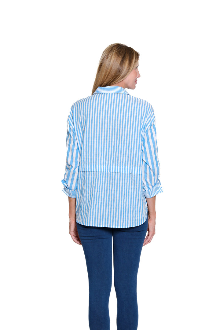 BRIGHT TURQUOISE STRIPE ROLL TAB LONG SLEEVE SHIRT
