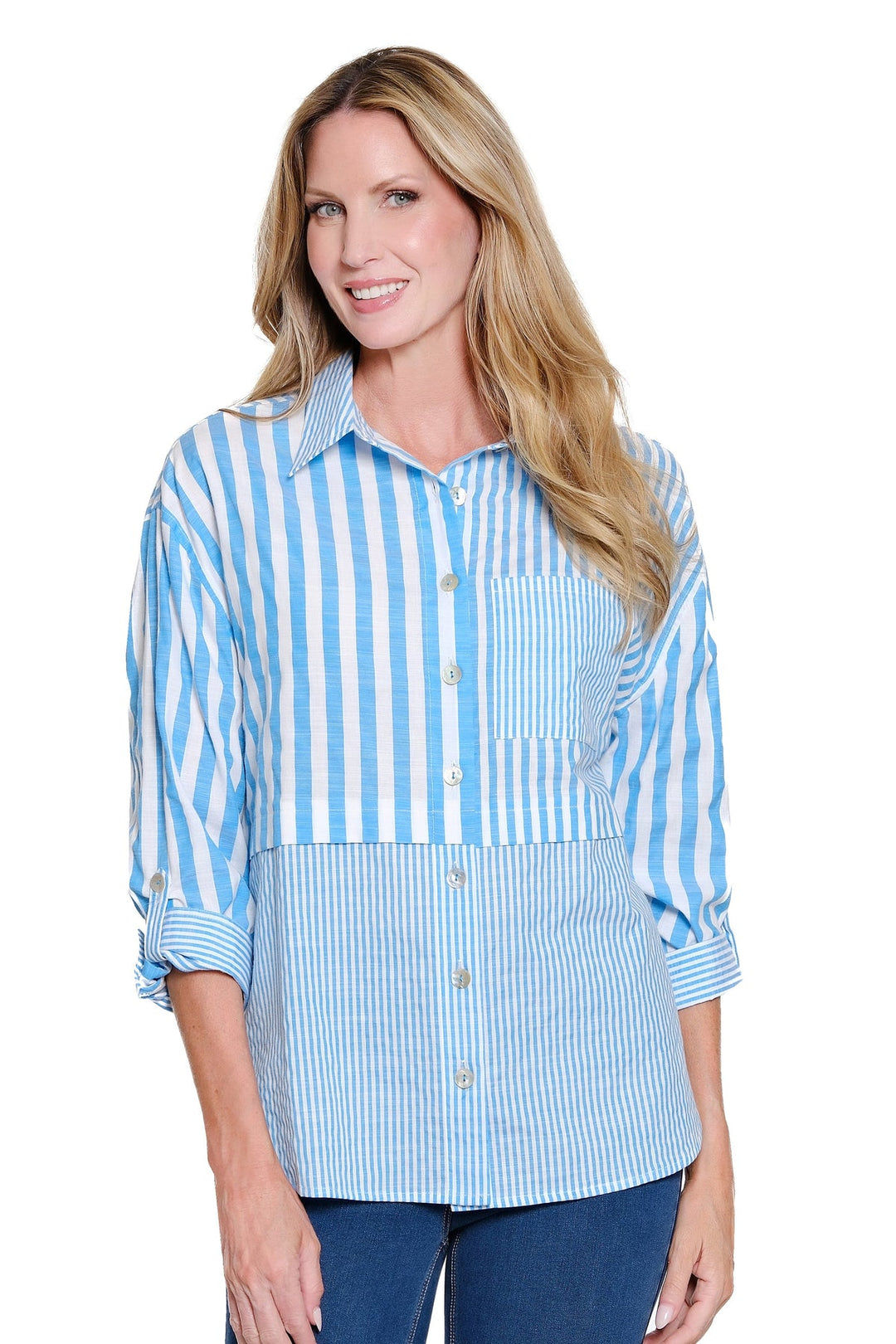 BRIGHT TURQUOISE STRIPE ROLL TAB LONG SLEEVE SHIRT