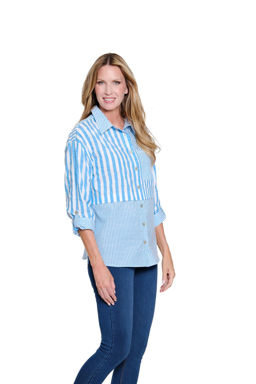 BRIGHT TURQUOISE STRIPE ROLL TAB LONG SLEEVE SHIRT