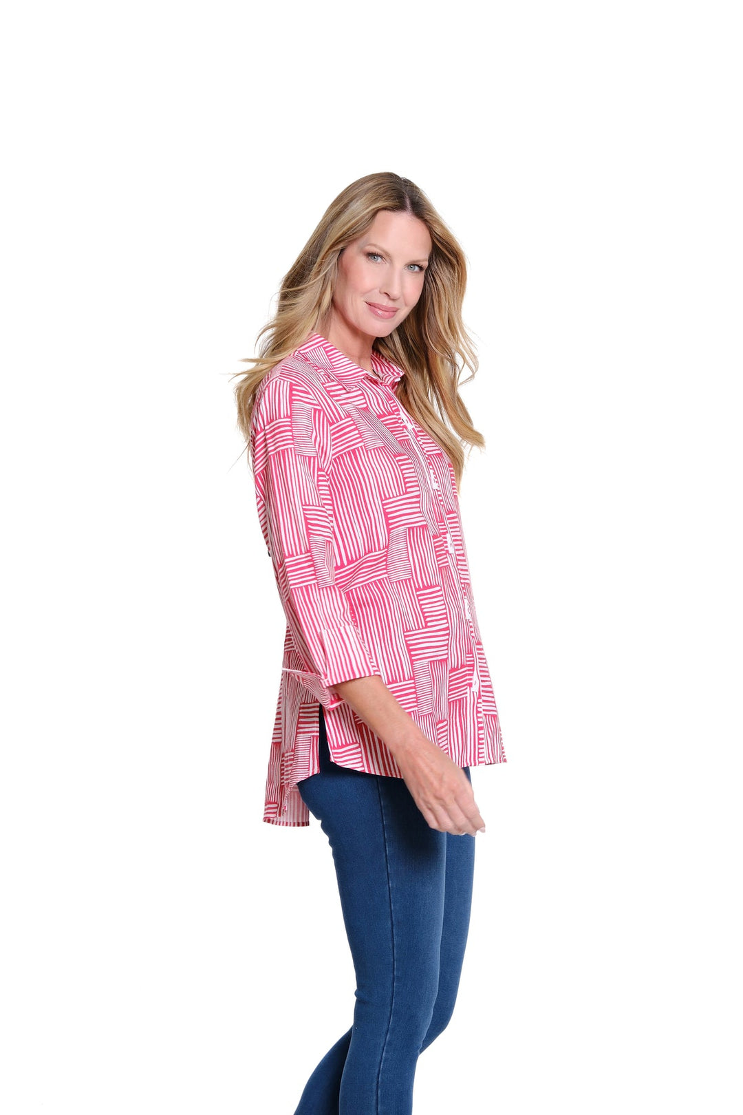 FIREY RED 3/4 SLEEVE BUTTON FRONT SHIRT