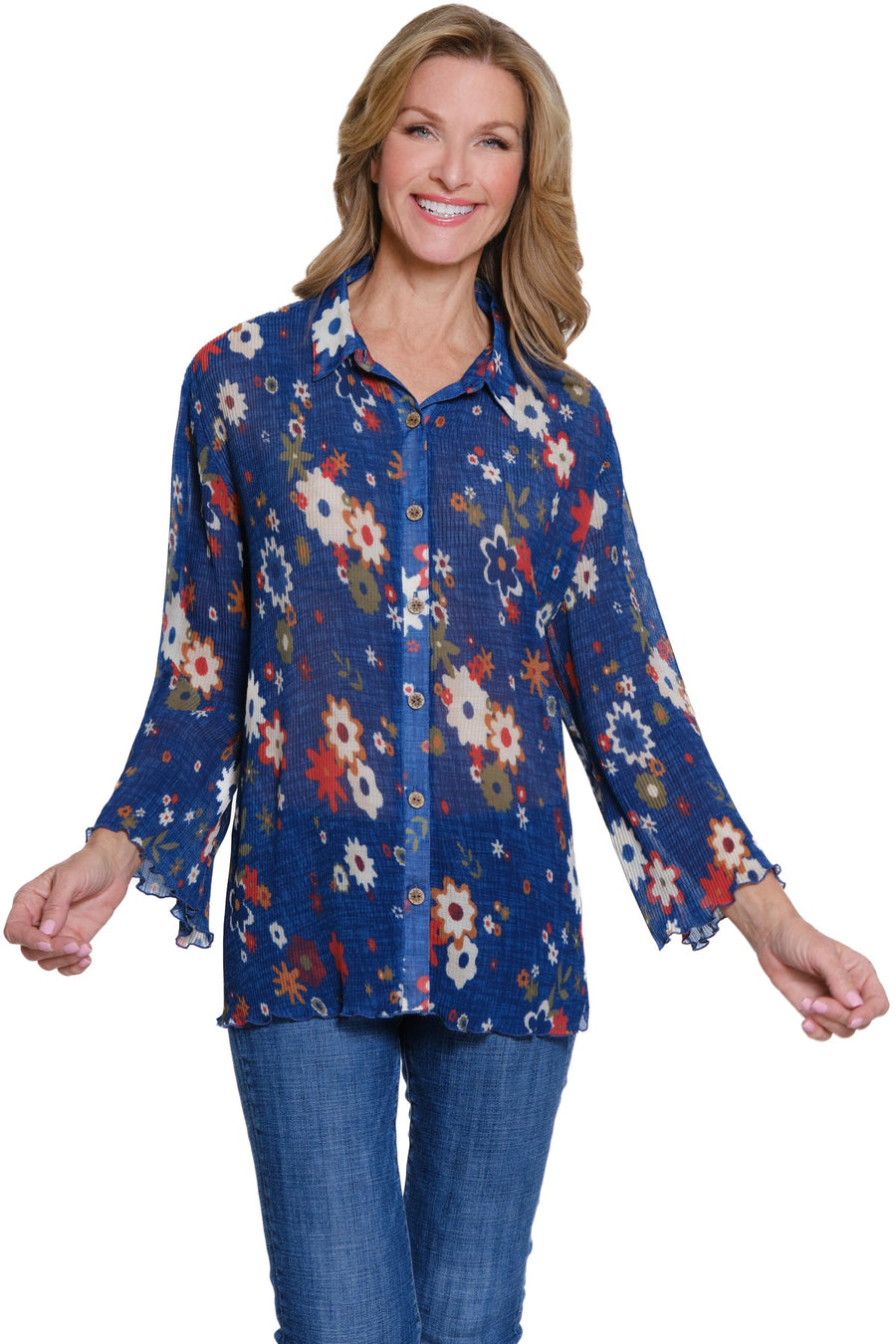 COUNTRY FLORAL 3/4 SLEEVE BUTTON FRONT PLEATED SHIRT
