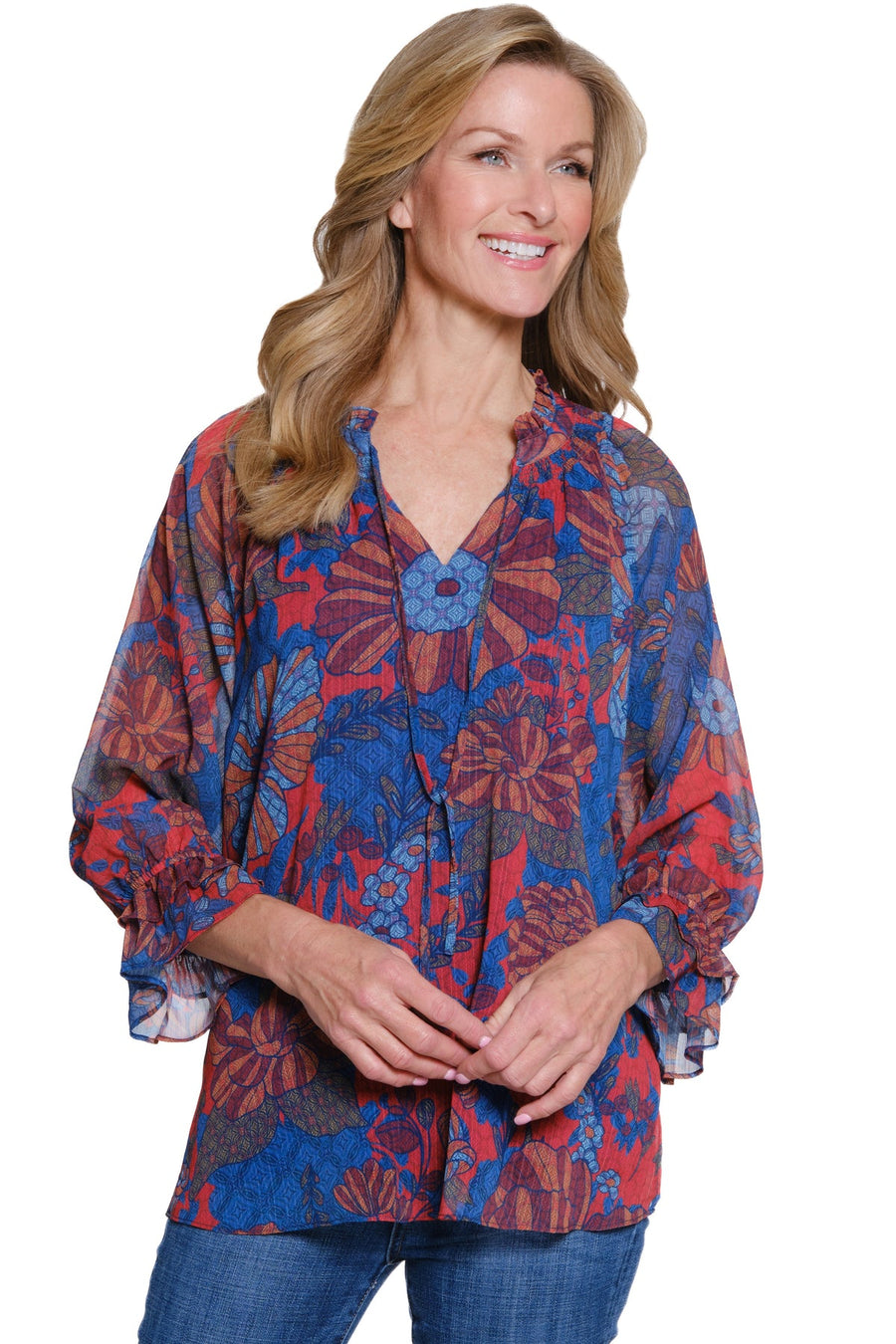 SHEER SLEEVE FALL FLORAL 3/4 DOUBLE FLOUNCE SLEEVE  BLOUSE WITH TIE FRONT DETAIL
