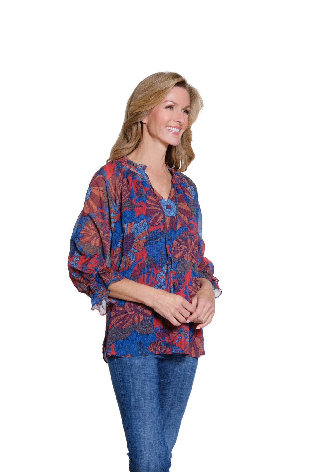 SHEER SLEEVE FALL FLORAL 3/4 DOUBLE FLOUNCE SLEEVE  BLOUSE WITH TIE FRONT DETAIL
