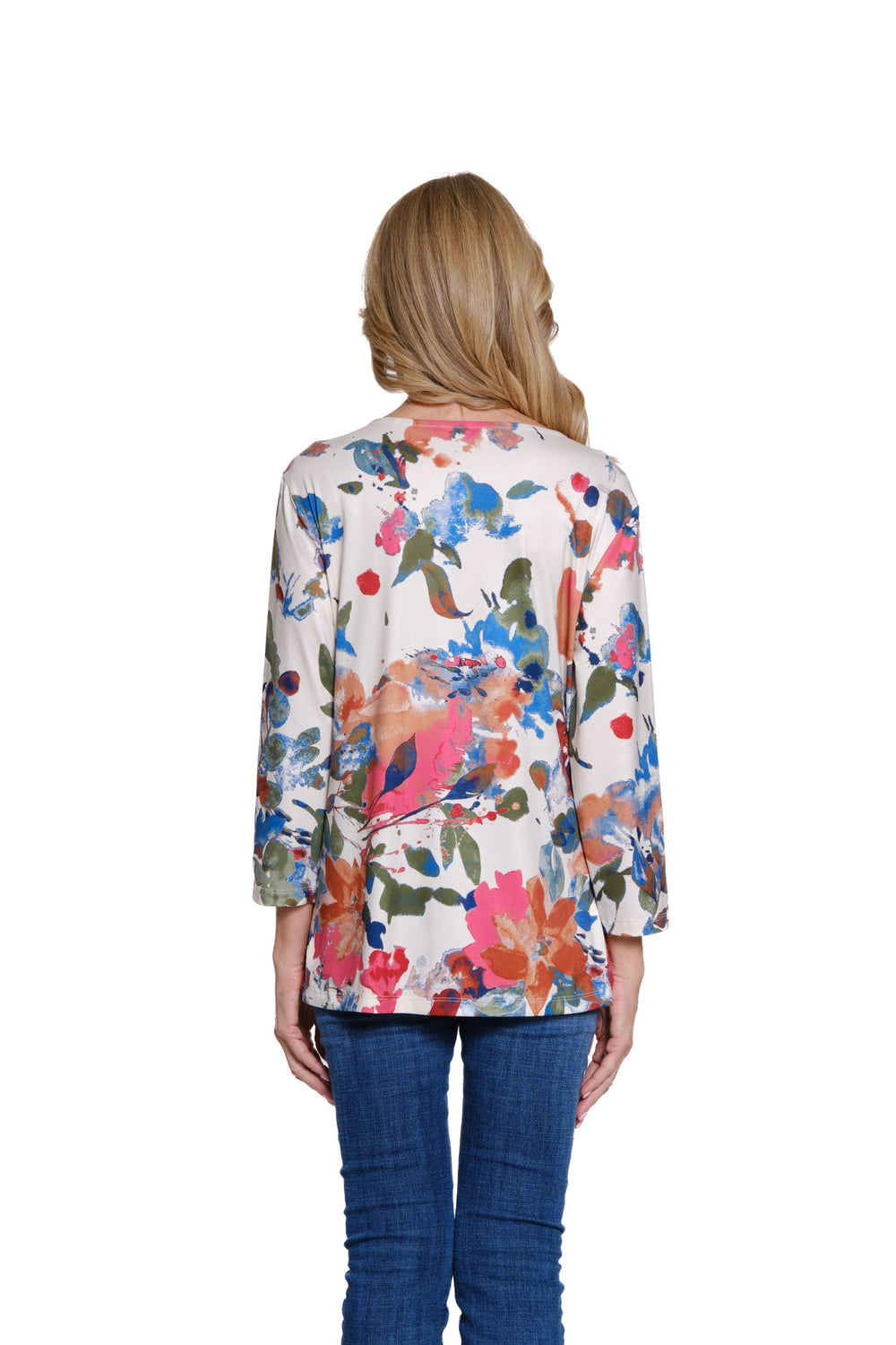 IVORY FLORAL MULTI PANEL 3/4 SLEEVE KNIT TOP
